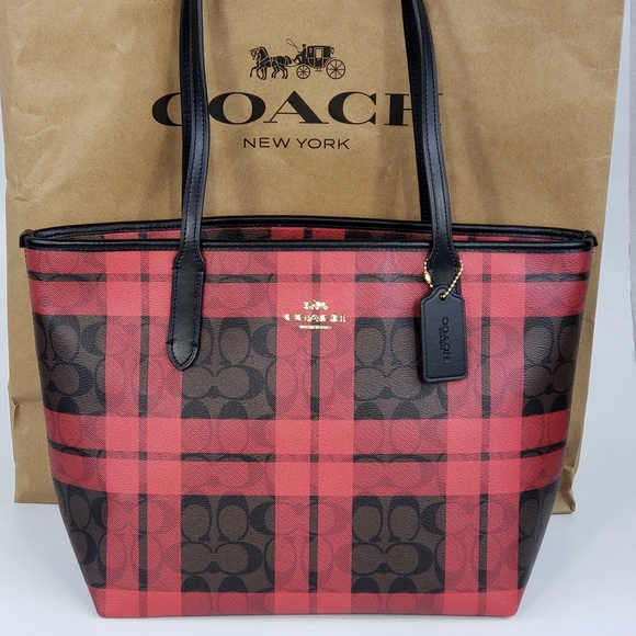 Coach Handbags - Coach zip tote in signature plaid red / brown